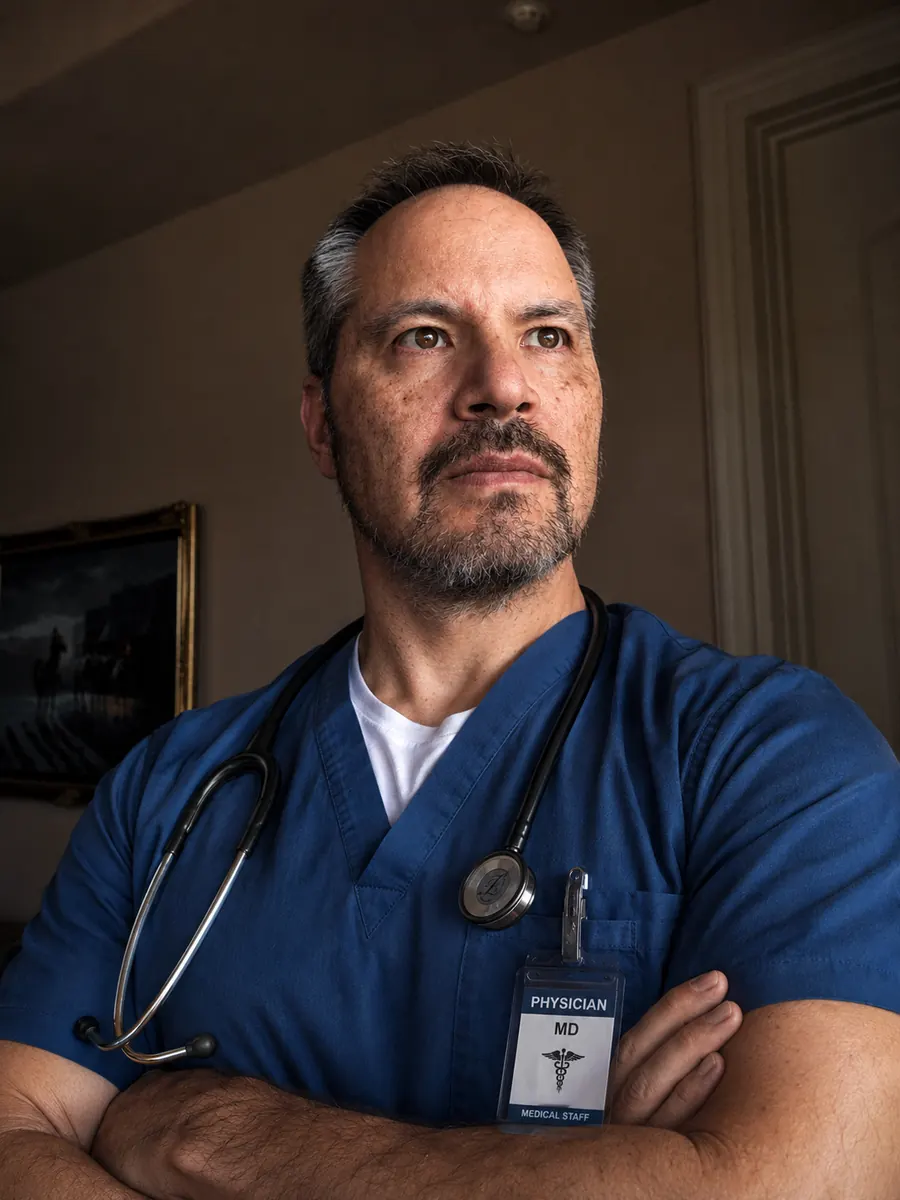 El Dr. J.T. Kavanagh con uniforme quirúrgico azul
